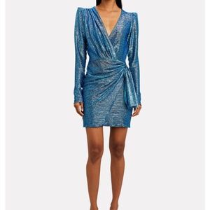 PATBO Metallic Long Sleeved Blue Mini Wrap Dress-SIZE 0